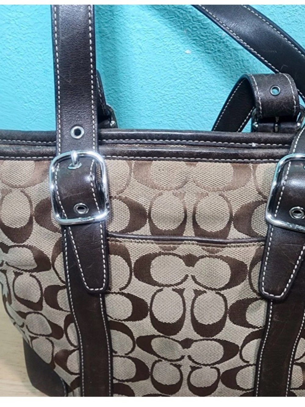 Coach Brown Signature Canvas Tote with Dark Brown Leather Trim - Picture 2 of 8